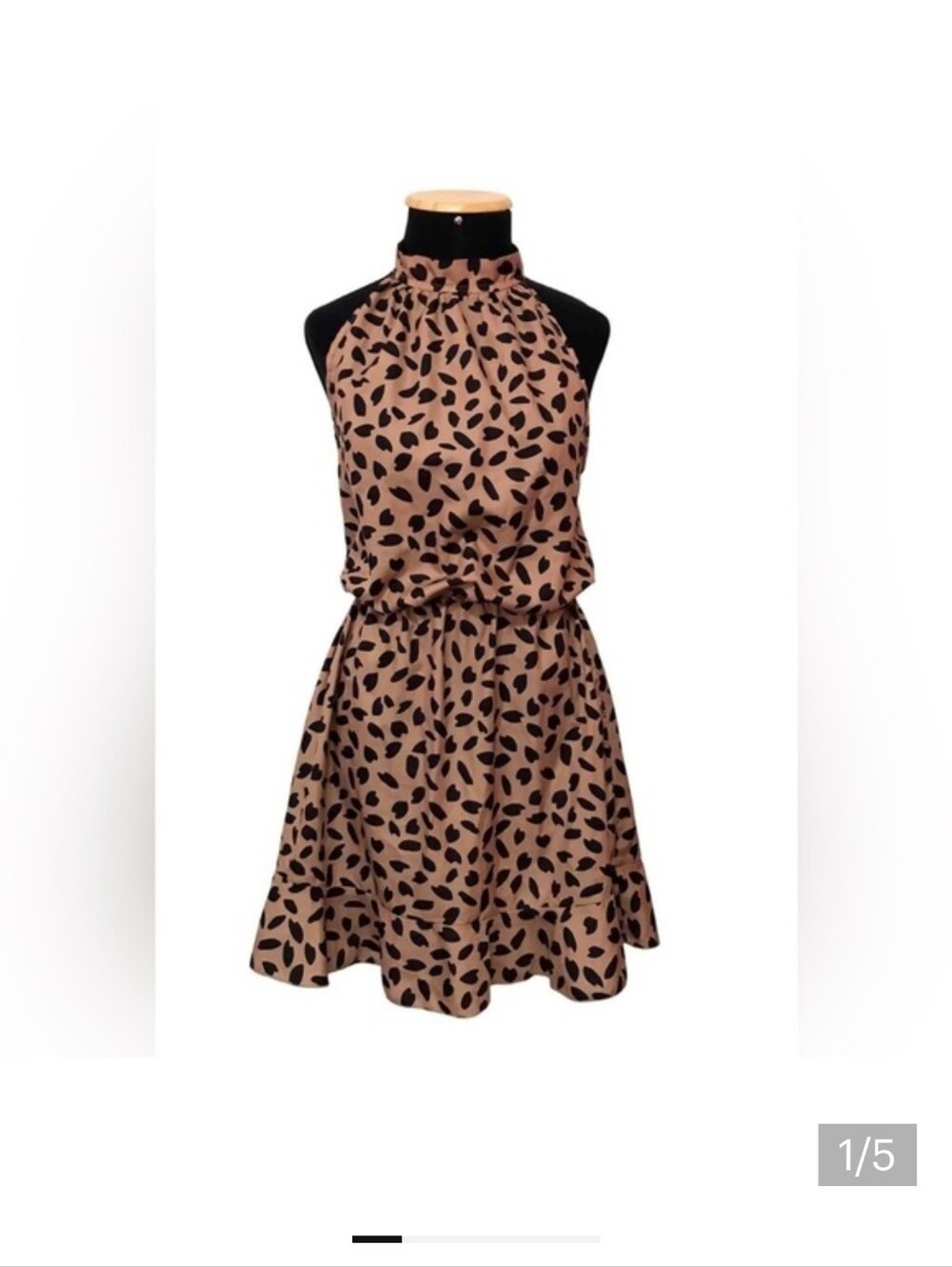 Womans  High-Neck Tan Leaf Print Dress
